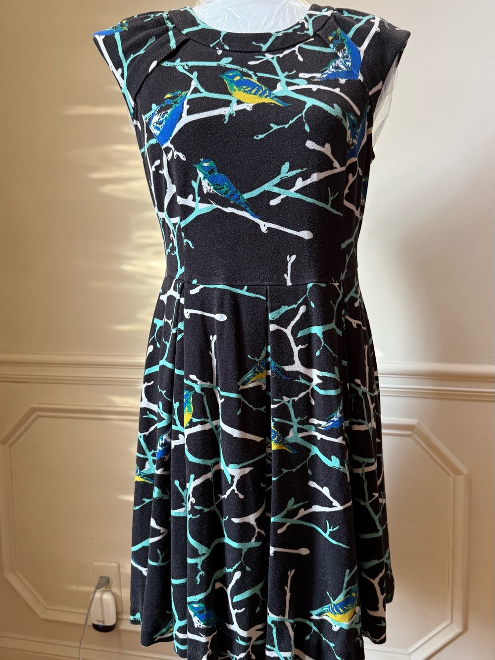 Cynthia Rowley Black Bird-Print Cap-Sleeve Fit & Flare Dress, with mesh panel.